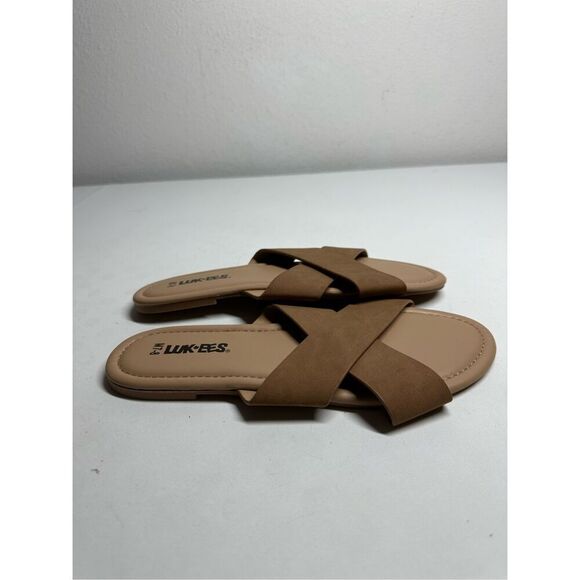 NWOT Luk Ees Women's Sandals Criss Cross Slides Faux Leather Tan Size M (7-8) - Picture 2 of 7